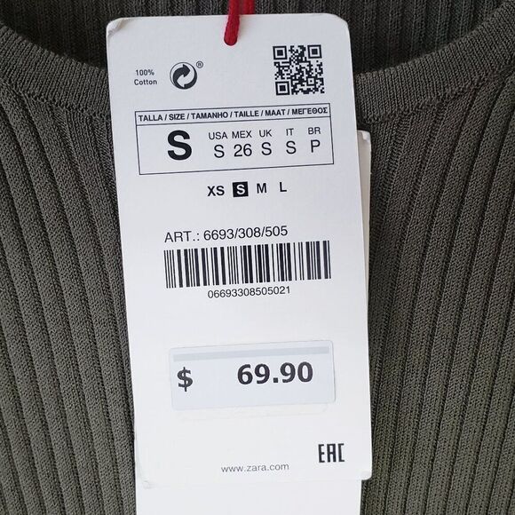 ZARA SRPLS Tank Top Size S Olive Green Pink Trim Ribbed Knit NEW Scoop Neck - Picture 4 of 7